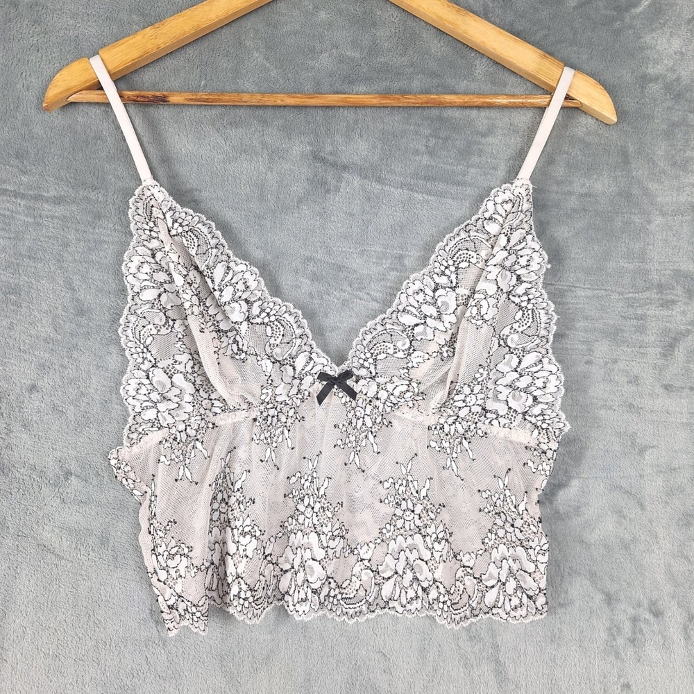 Womens Top XL White Babydoll Y2K Coquette Fairy Lace Mesh Cropped Cami Stretch